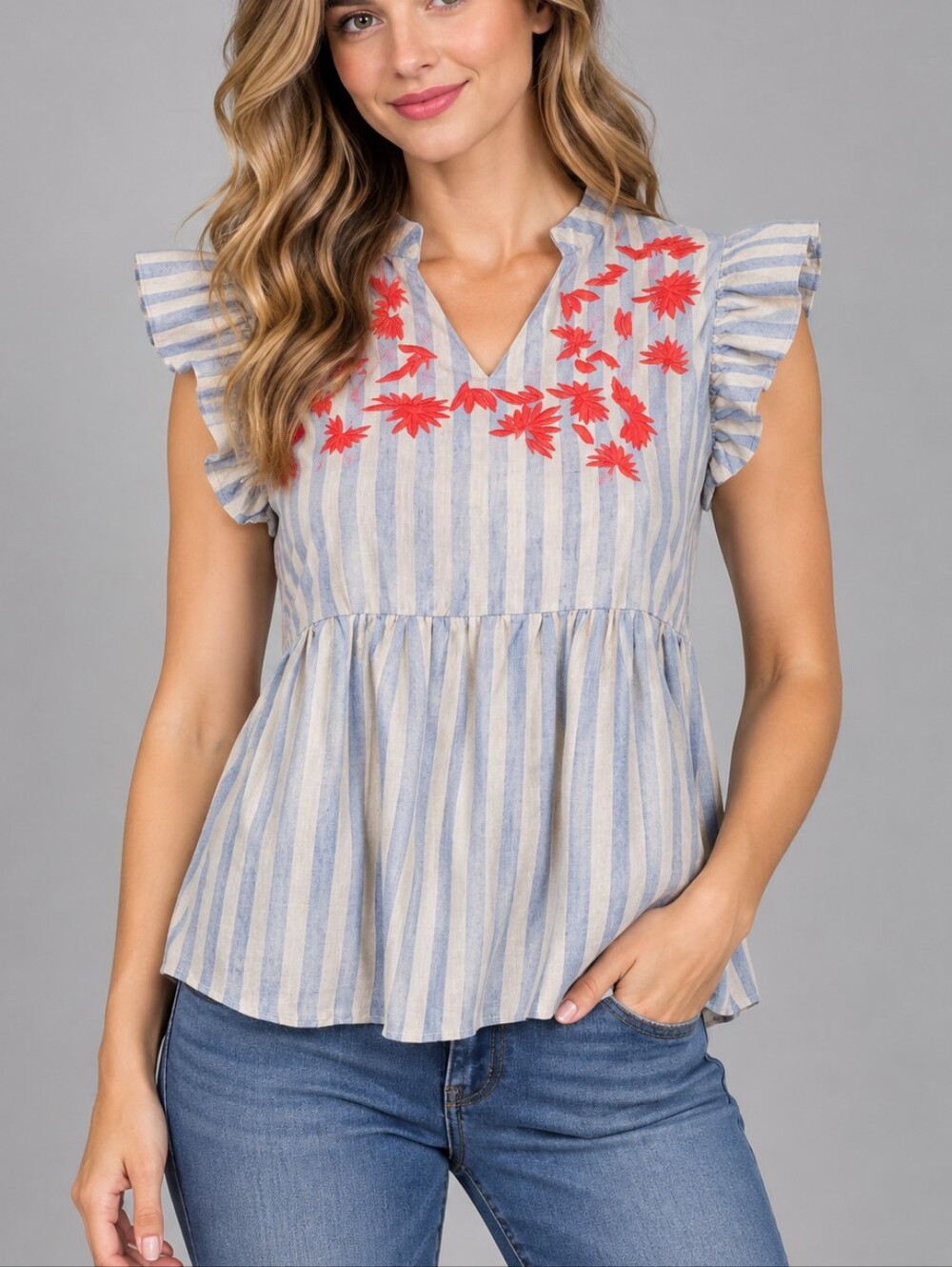 KINDRED Striped Ruffle Sleeve Floral Embroidered Peasant Peplum Babydoll Top